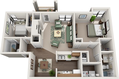 Floor plan for 2 beds, 2 baths, 975 sqft